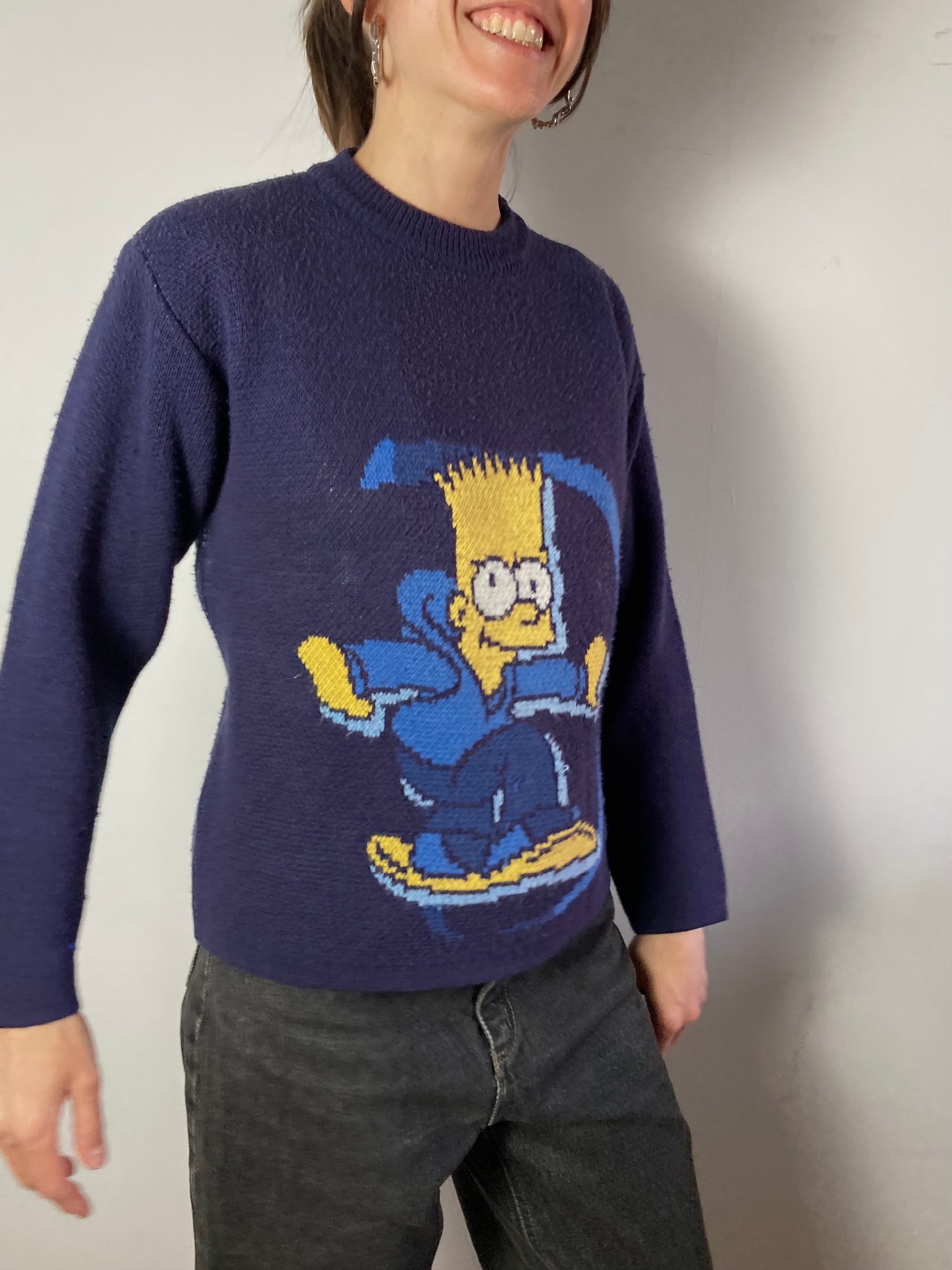 Sweater Vintage Simpsons Front Print Wool-Blend Blue Women – M