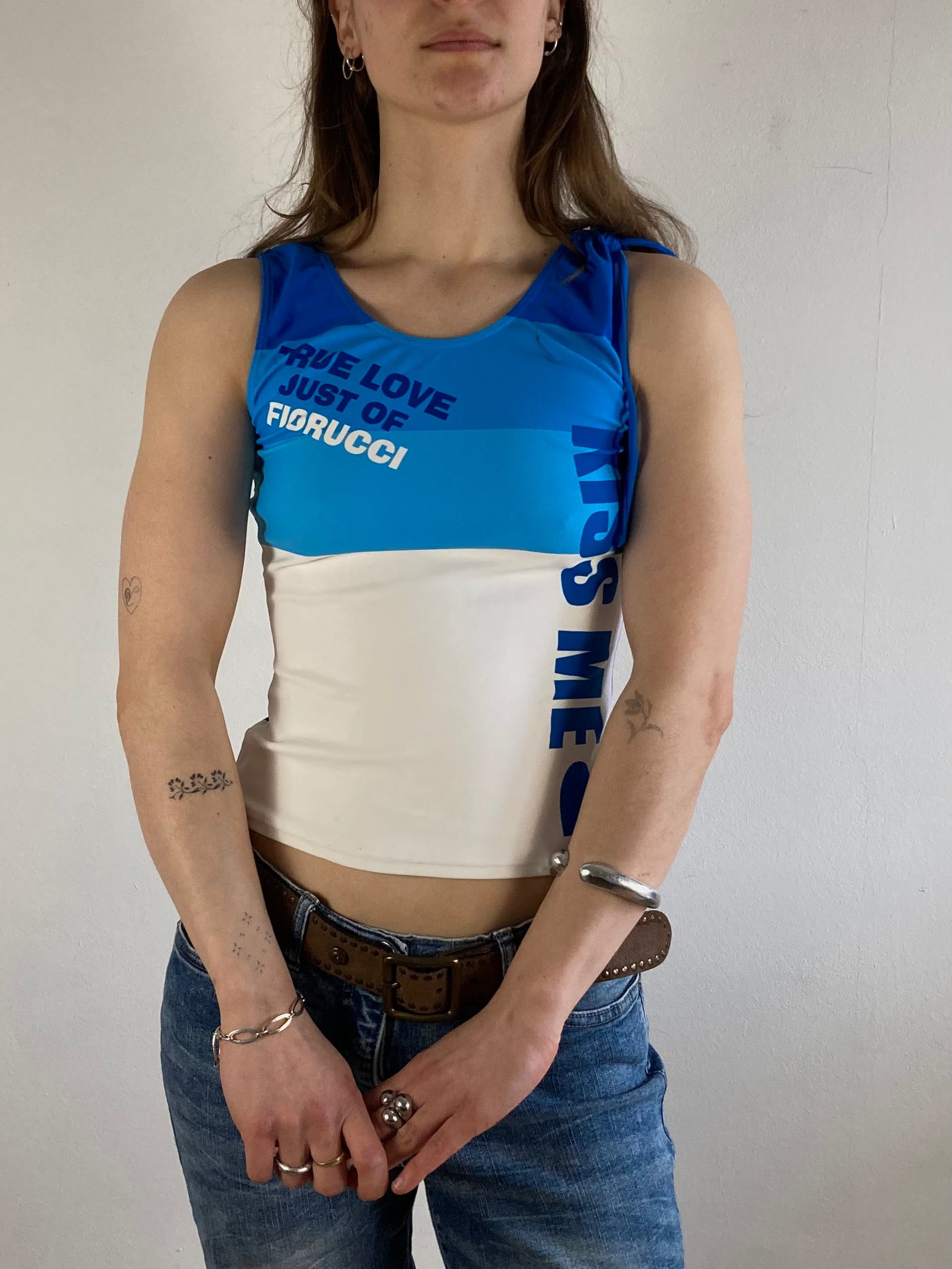 Top Vintage Y2K Kiss Me Front Print Blue Strappy Slim Fit Women – S