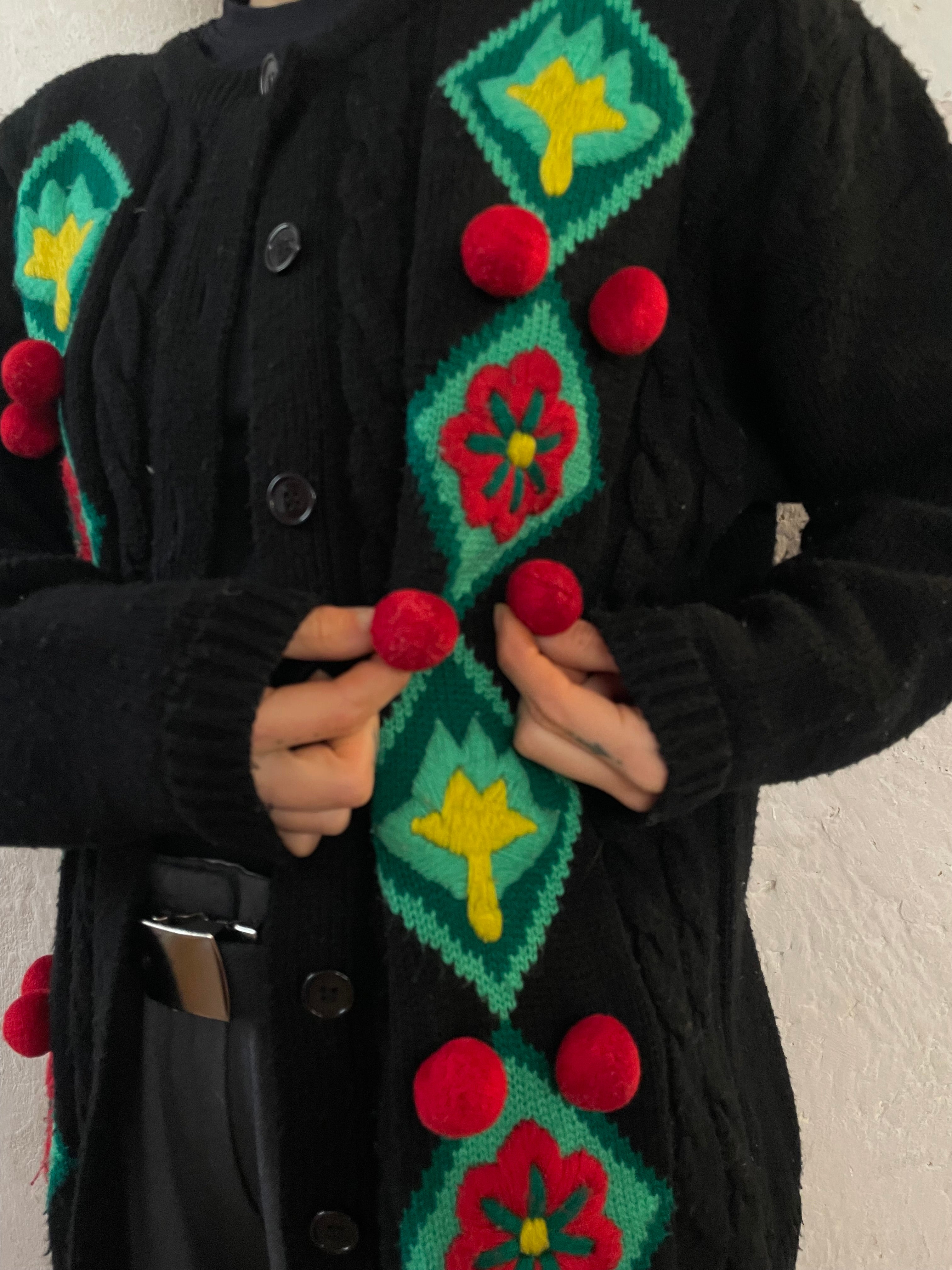 Beautiful Black Cardigan with Lovely Red Pom-Poms - Kleiderhaufen - Default Title