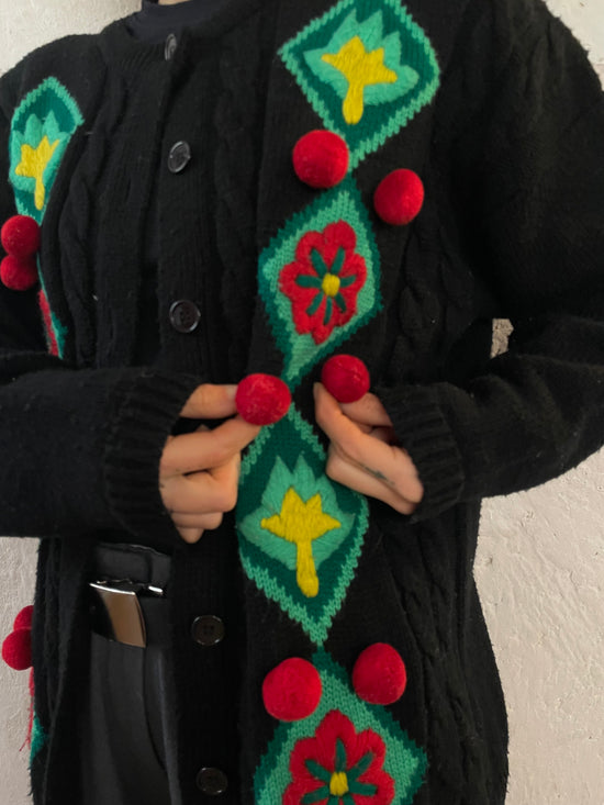 Vintage Black Cardigan with Red Pom-Poms Lovely Detail – M/L