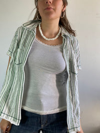 Shirt Vintage Green White Striped Short Sleeve Collar Women – S