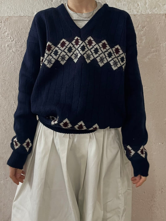 Vintage Sweater Wool Cotton Blend Blue & White Details – M