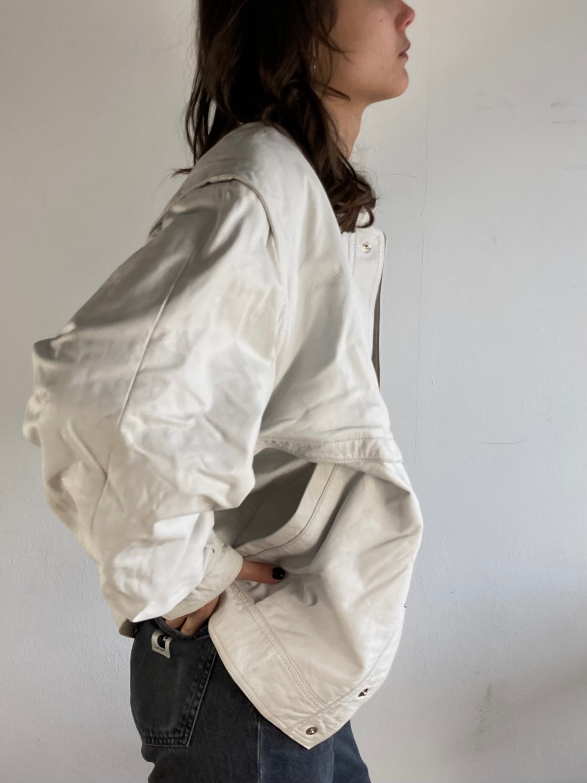 Leather Jacket Vintage DeFrino Cream White Minimal Spring Layering Unisex – M/L