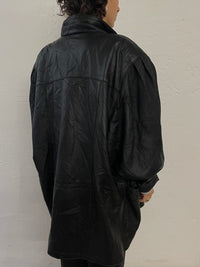 Vintage Leather Jacket Puff Sleeves Oversized Black – L