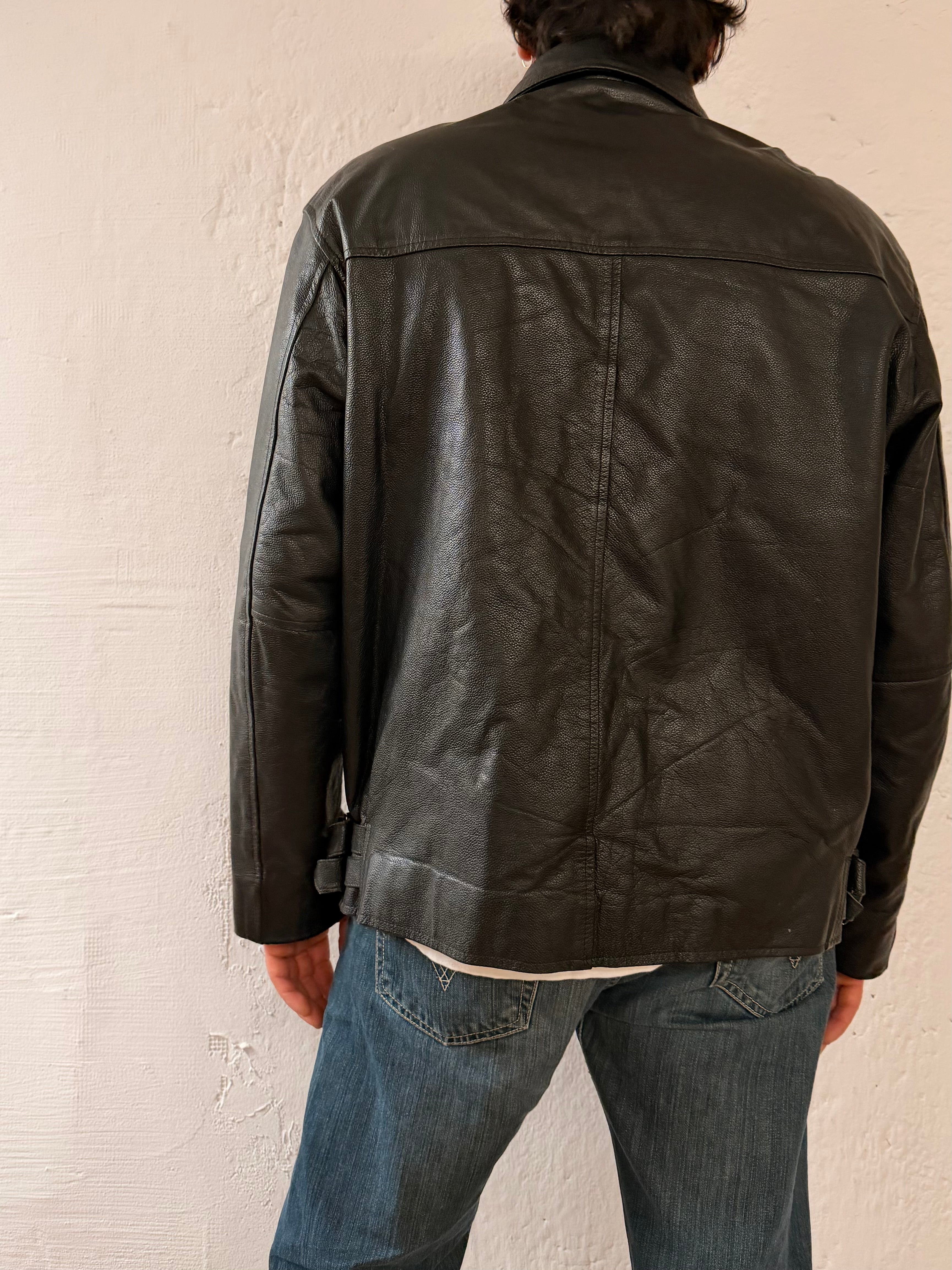 Vintage Oversized Leather Jacket SAKI Black Genuine Leather – XL