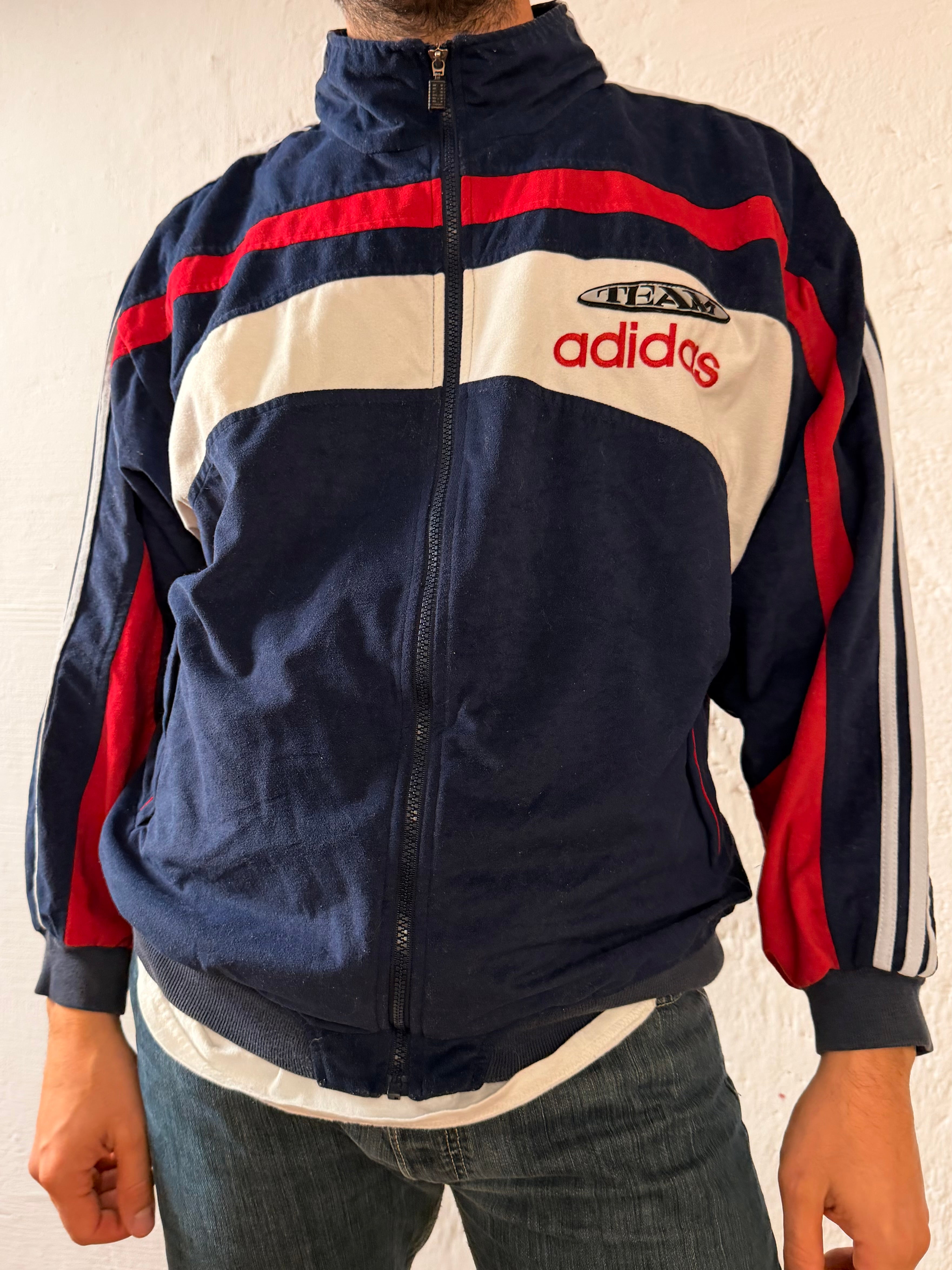 Vintage Oversized Sport Jacket Adidas Blue White & Red Cotton Blend – XL