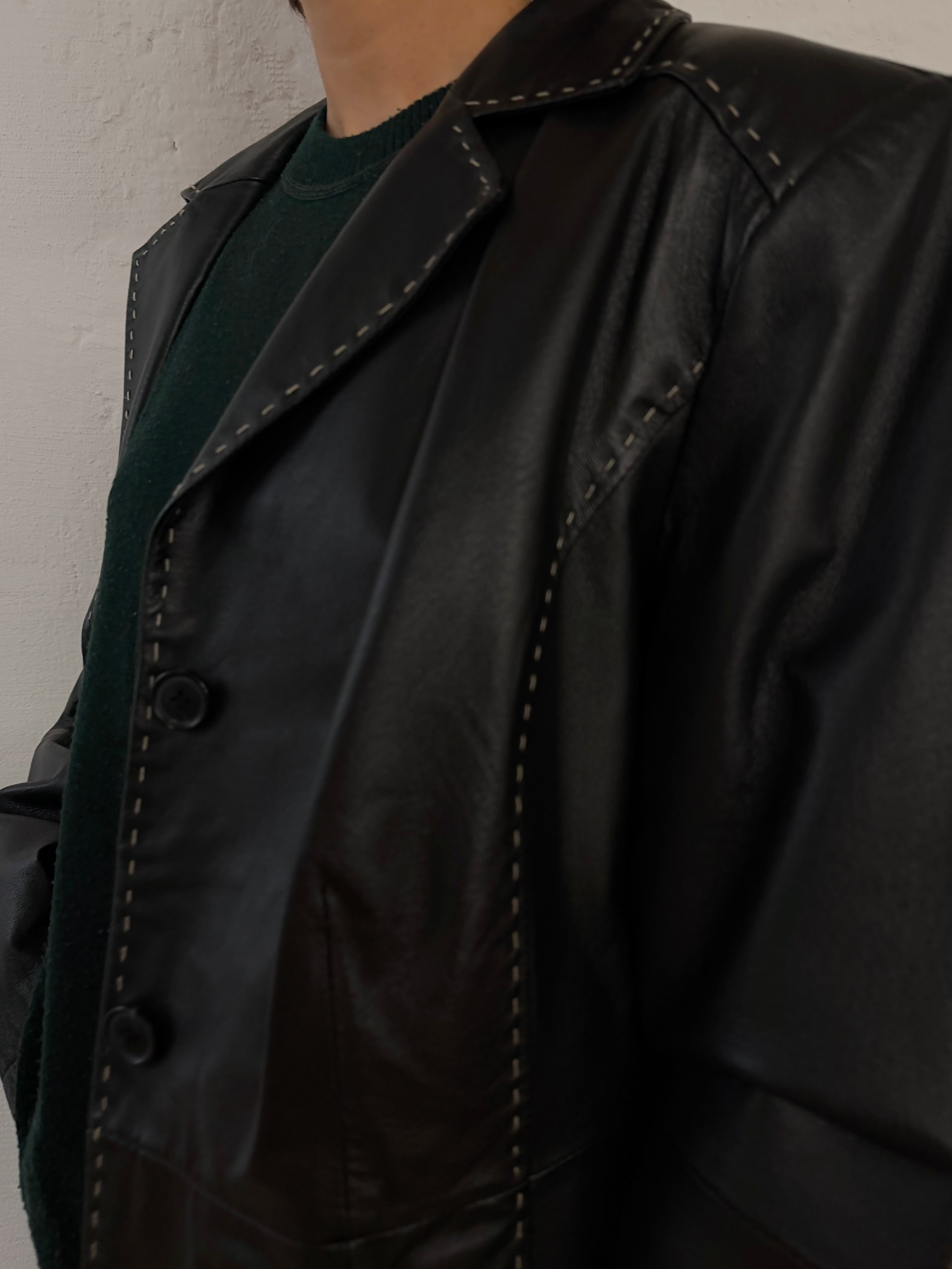 Vintage Leather Jacket Black White Stitching Details – M/L