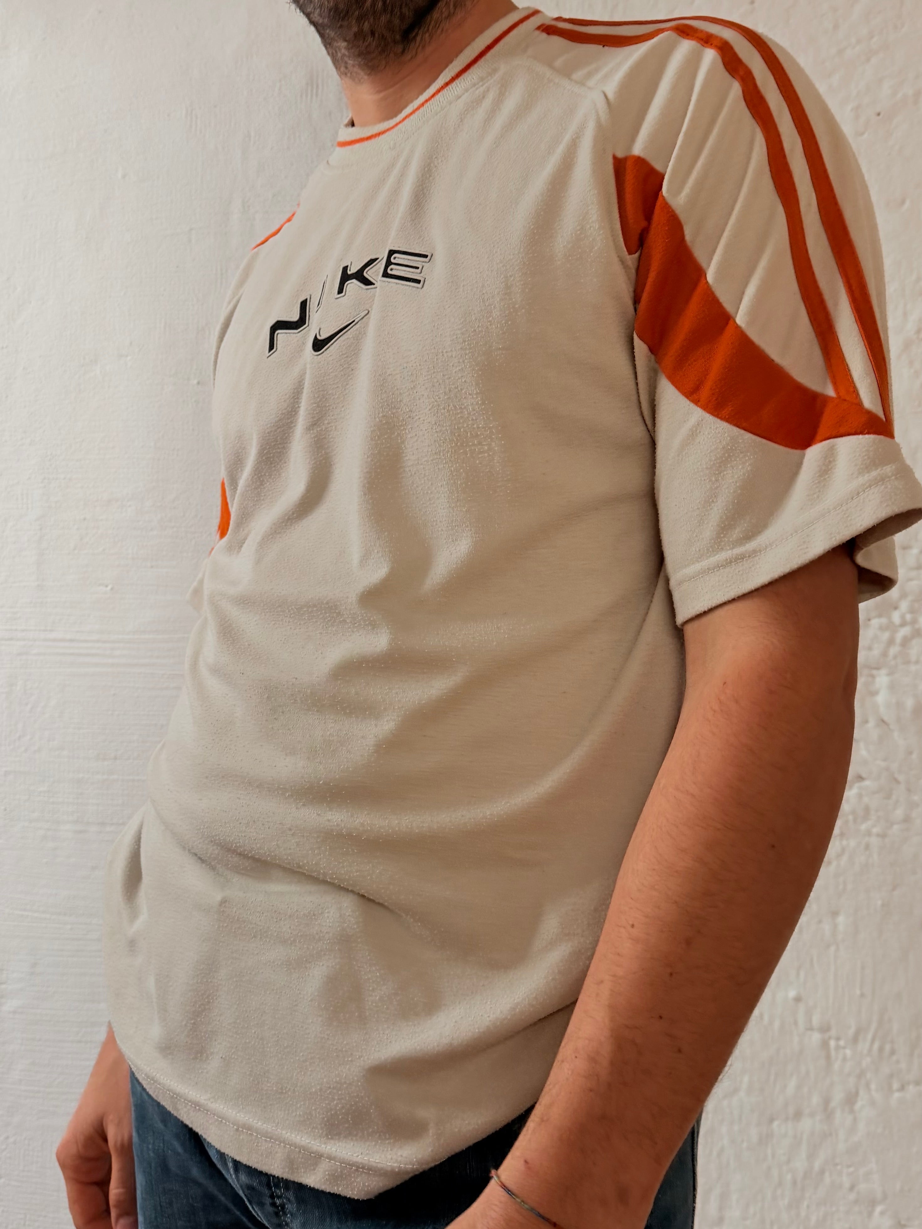 Vintage Unisex T-Shirt Nike Cream Striped Cotton Blend with Orange Details – L