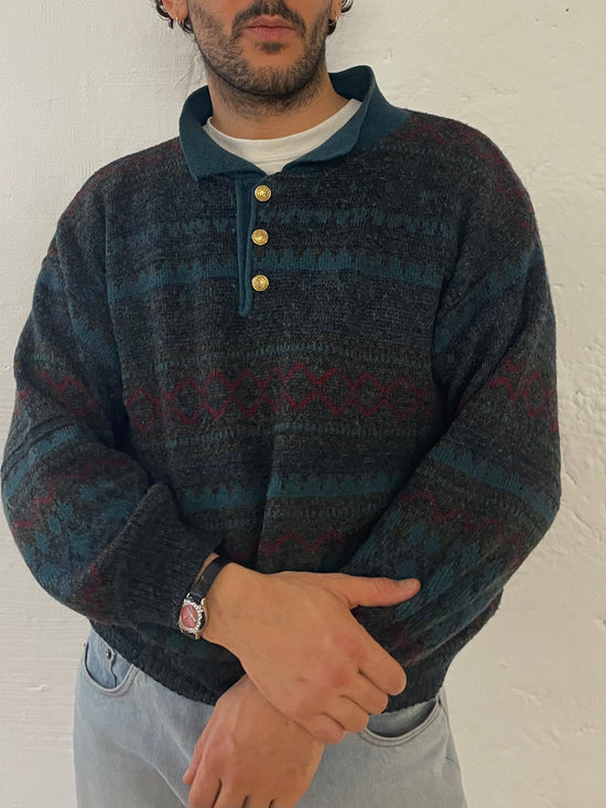 Vintage Sweater Blue Grey Polo Neck & 3 Buttons – M