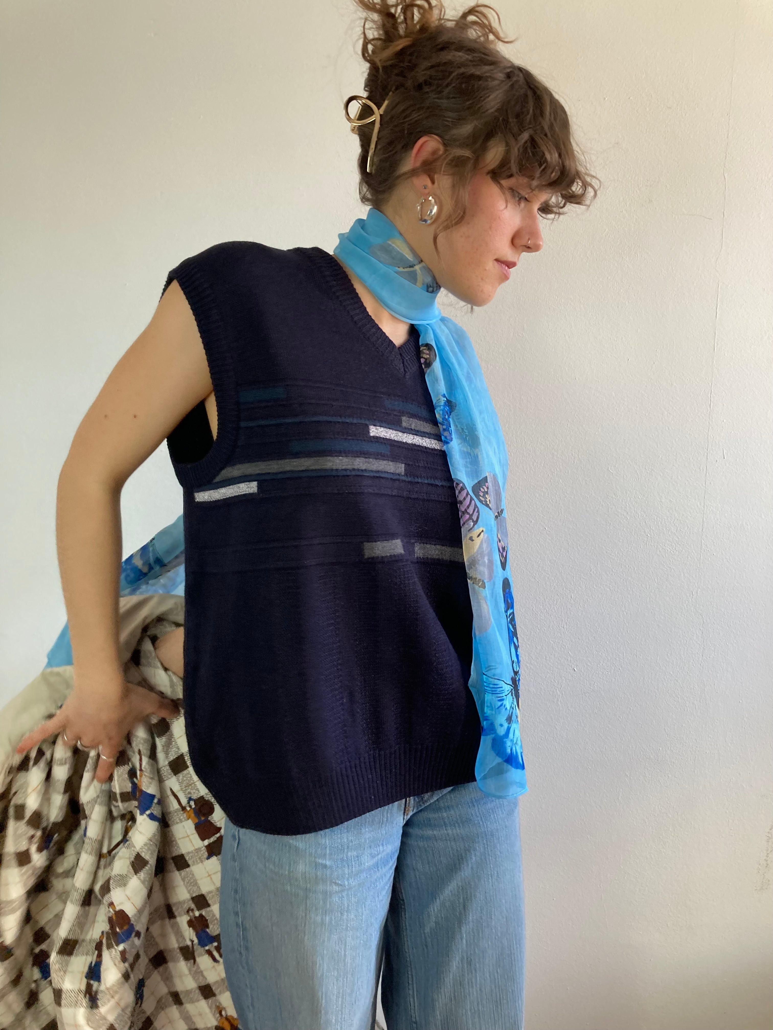 Sweater Wool Vest Vintage Dark Blue Layering Oversized Unisex – M
