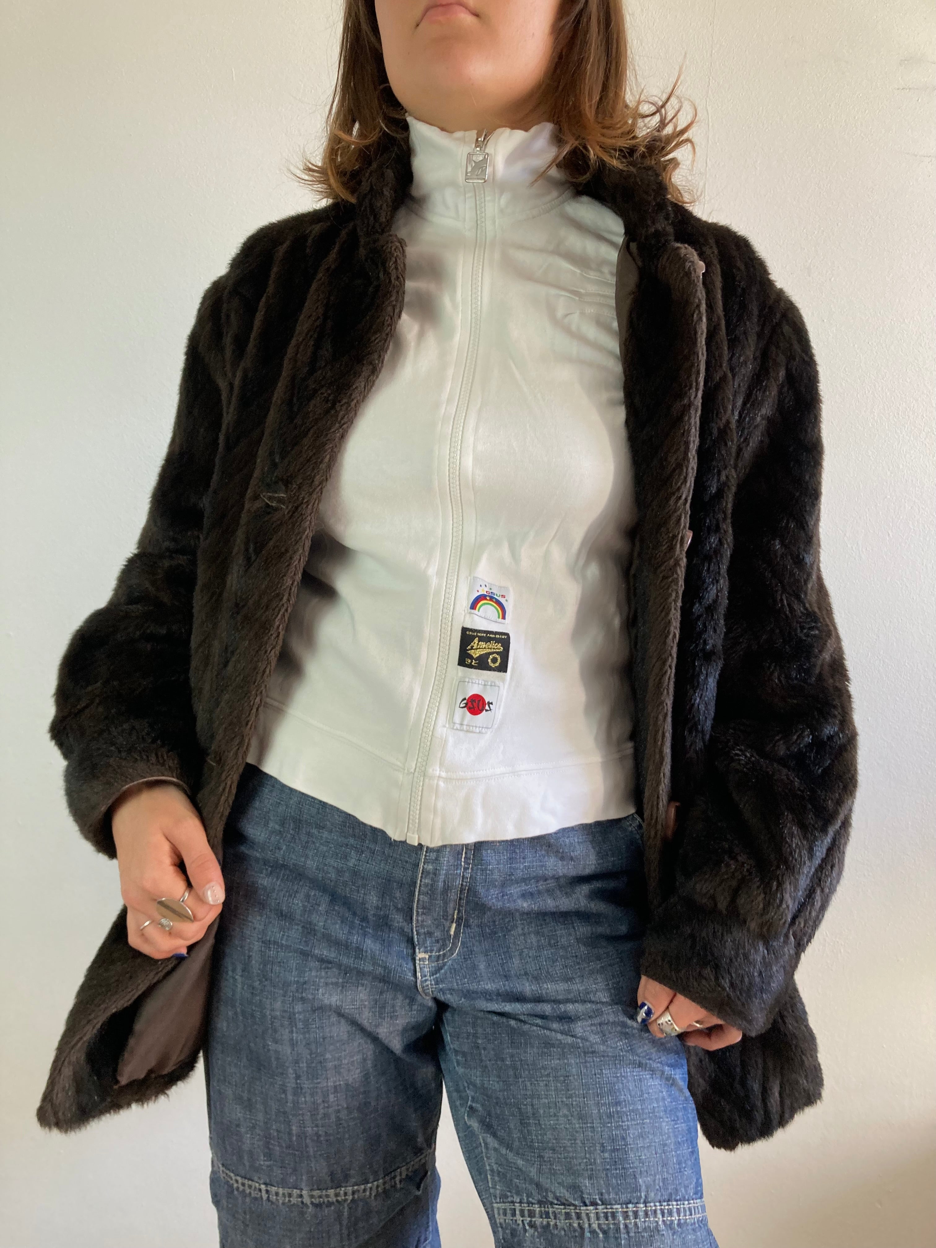 Jacket Vintage Brown Faux Fur Button Detail Warm Layering Oversized Unisex – M