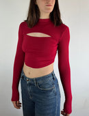Longsleeve Backless Shirt Red Slim Fit Layering Stretchy Crop Top – S/M