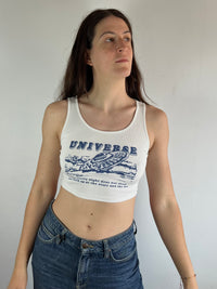 Vintage Summer Tank Top White Front Print Stretchy Baby Tee – S