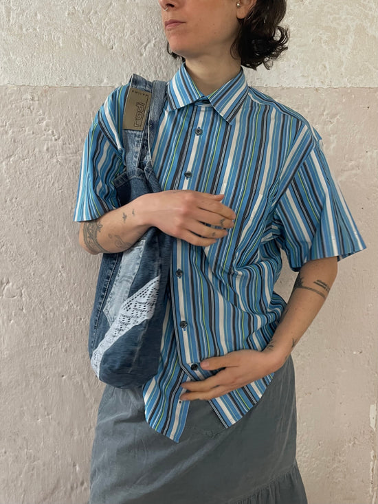 Shirt Vintage Striped Short Sleeve Blue White Unisex – L