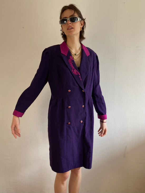 Coat Vintage Purple Floral Embroidered Collar Trench Women – M