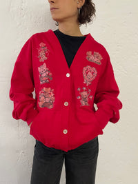 Vintage Cardigan Red with Cat Motifs Made in USA – L