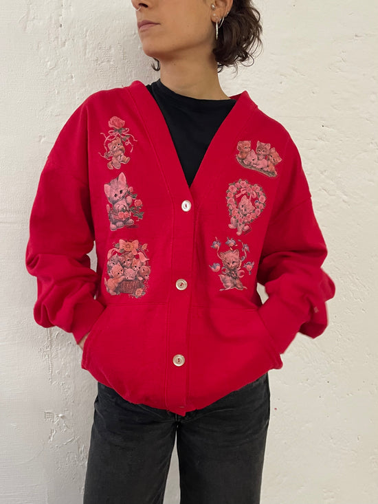 Vintage Cardigan Red with Cat Motifs Made in USA – L