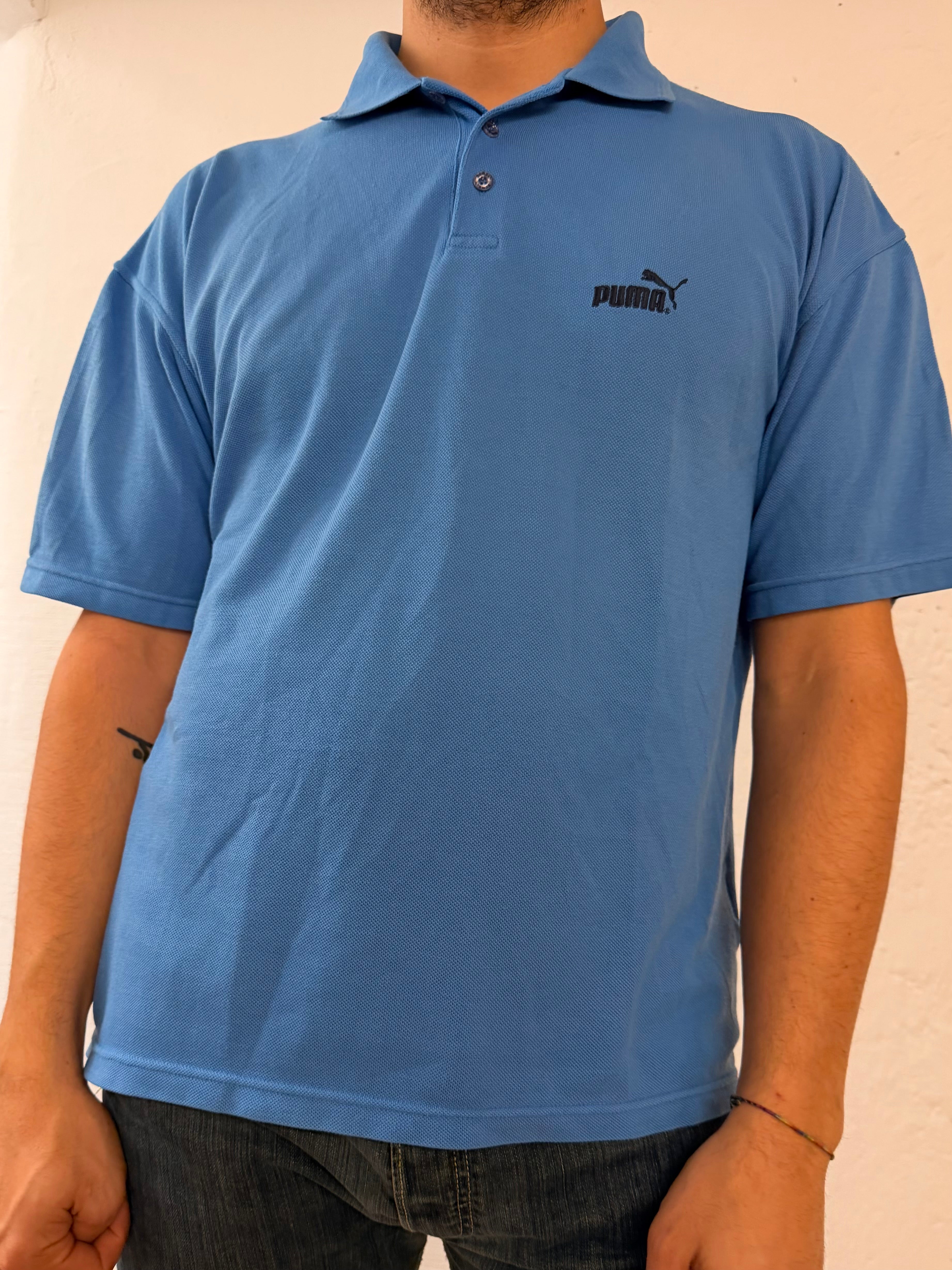 Vintage Polo T-Shirt Puma Blue Short Sleeve with Front Logo Unisex – L