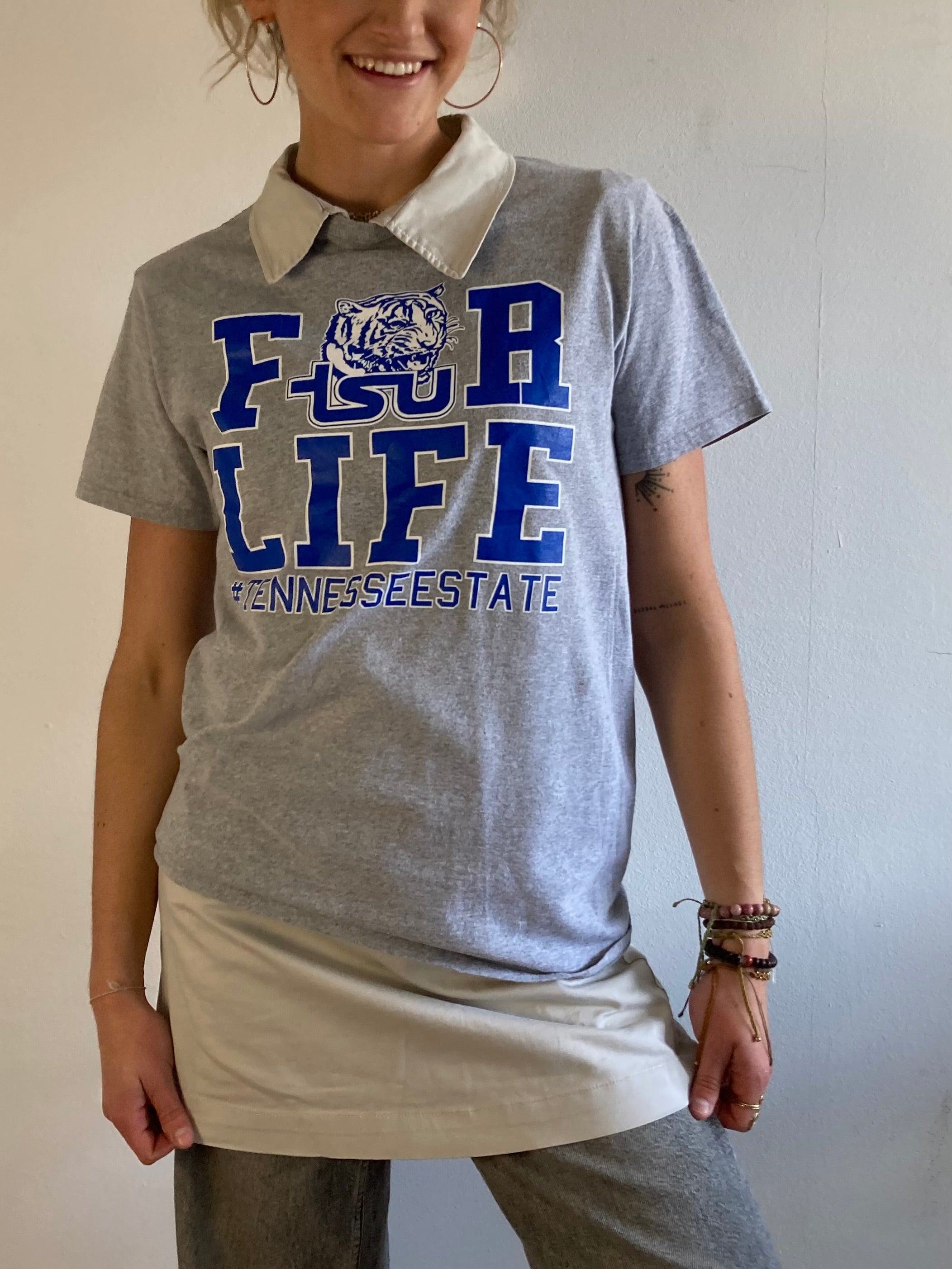 T-Shirt Vintage University Logo Front Print Grey Blue – M