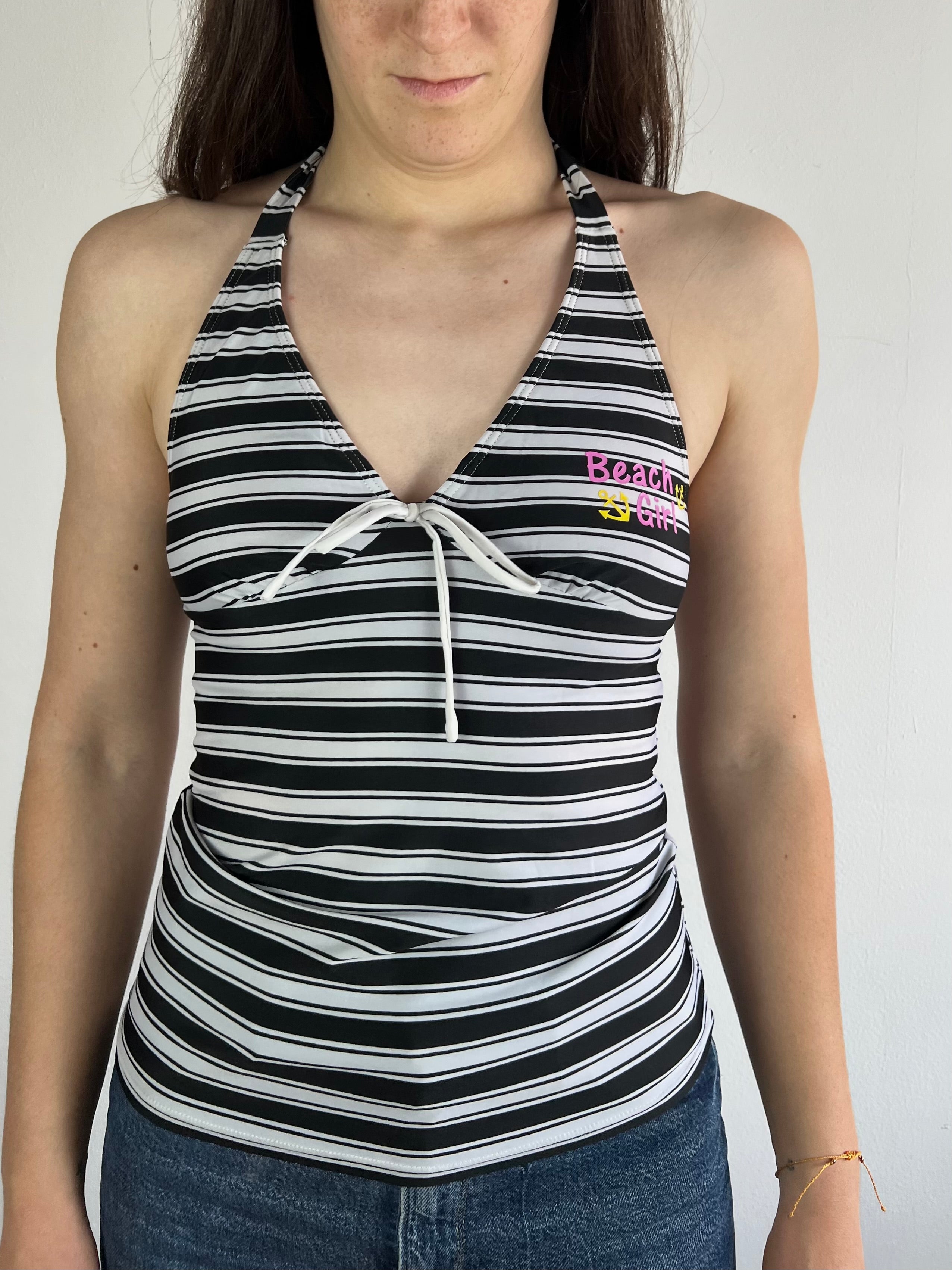 Tank Top Vintage Striped Collar Black White Summer – M