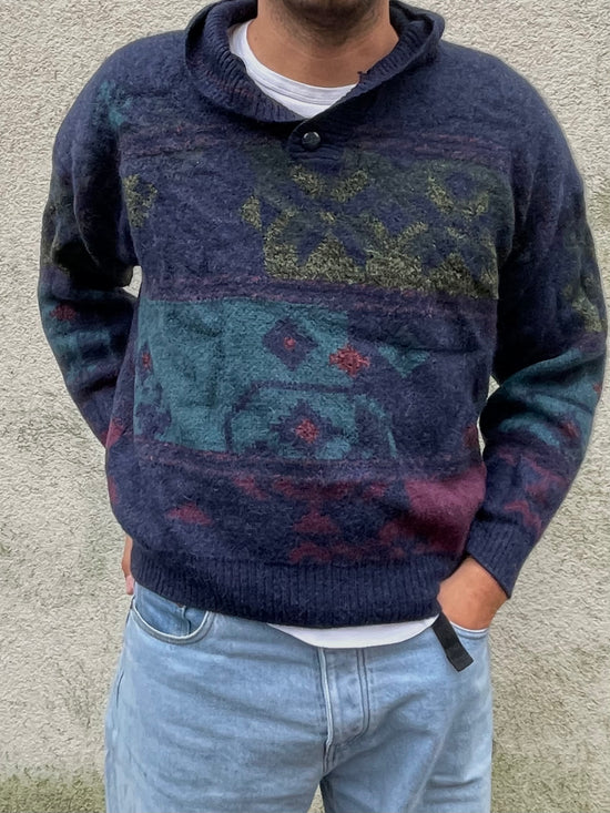 Vintage Polo Collar Sweater Blue Unisex – L