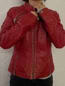 Vintage Arma Leather Biker Jacket Fitted Red Beautiful Patterns – S