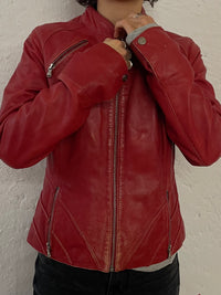 Vintage Arma Leather Biker Jacket Fitted Red Beautiful Patterns – S