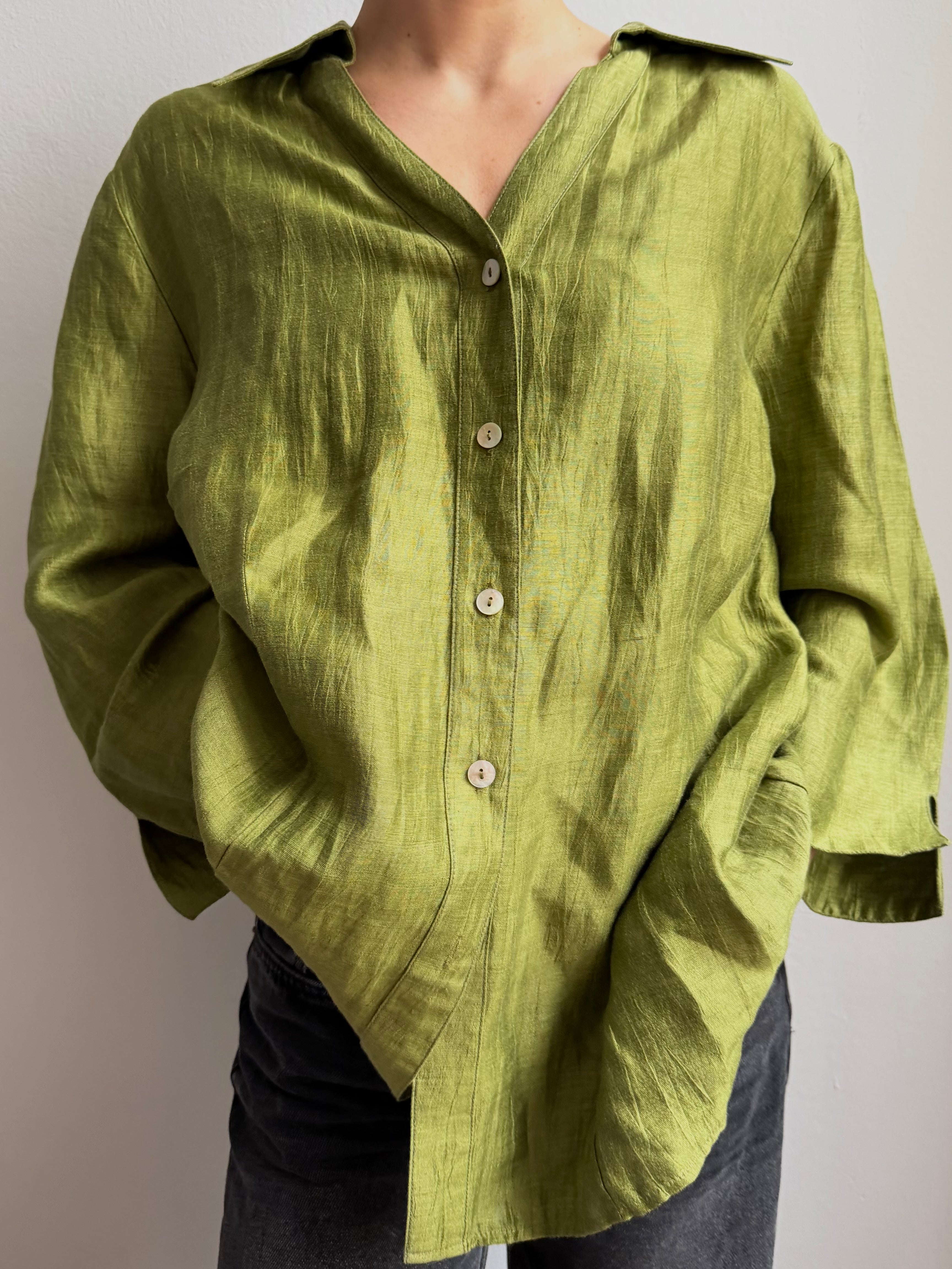 Vintage Nicole Blouse 85% Linen Green Unisex - L