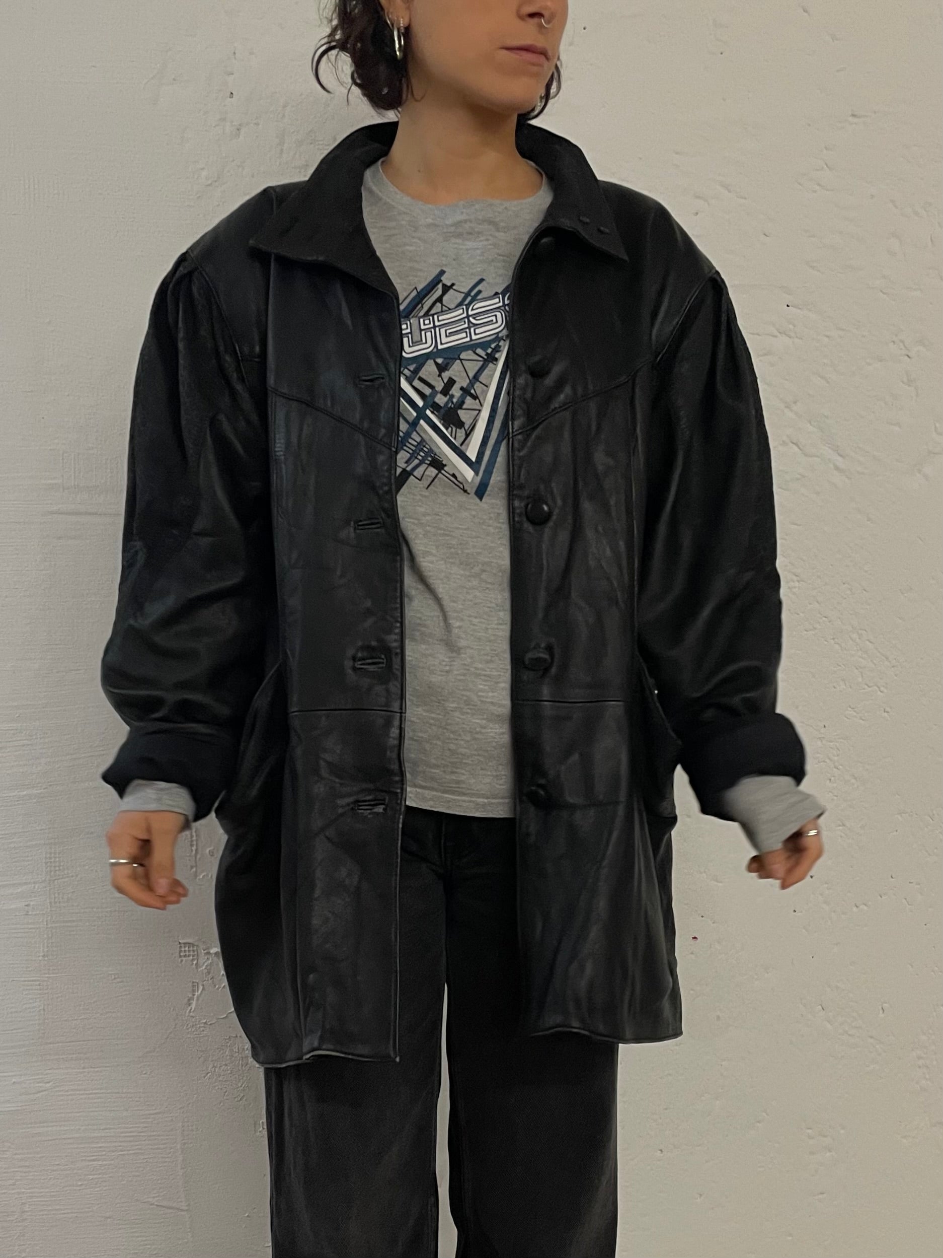 Vintage Leather Jacket Puff Sleeves Oversized Black – L