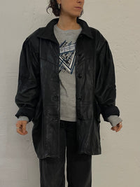 Vintage Leather Jacket Puff Sleeves Oversized Black – L