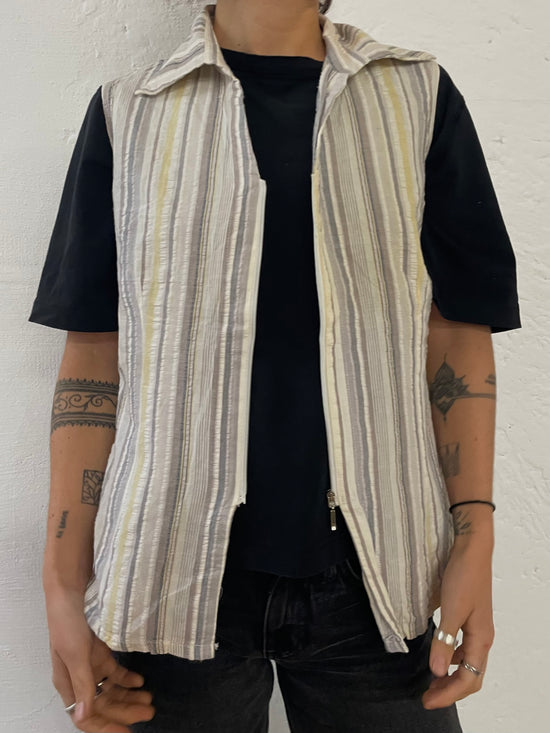 Striped Sleeveless Zip Vest Collared Yellow/Grey/White Unisex – L