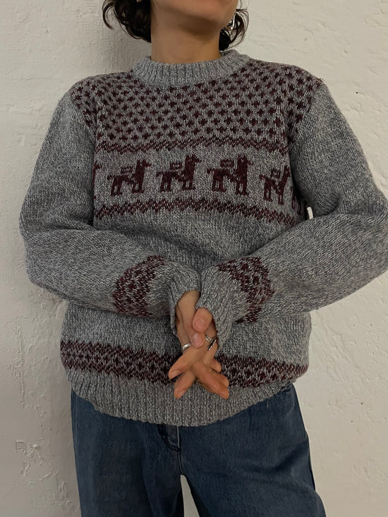 Vintage Wool Winter Pullover Lama Pattern Grey – S/M