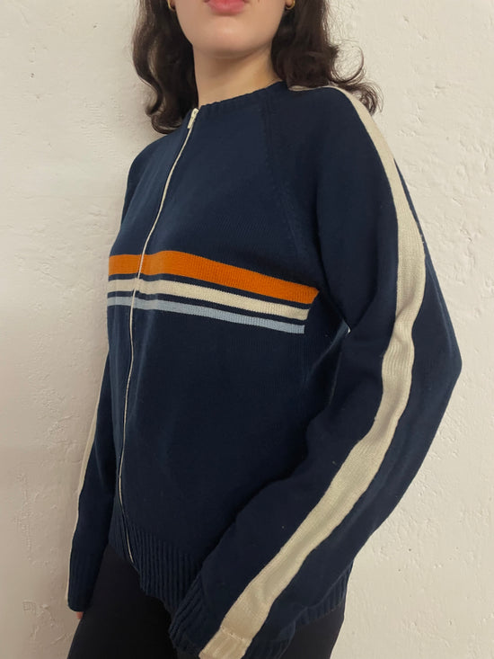 Oversized Lightweight Sweater Jacket Blue Orange White Round Neck – M
