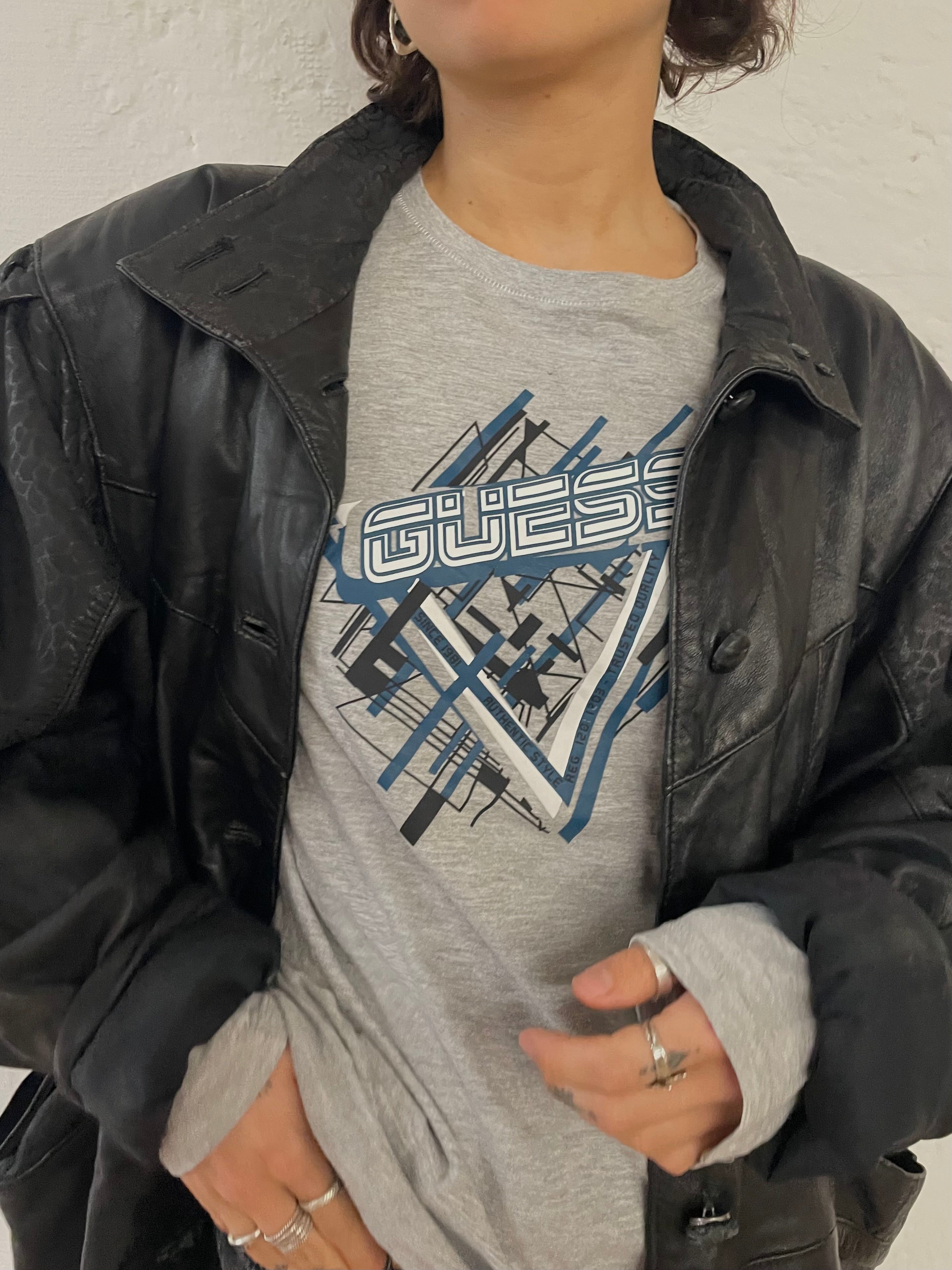 Vintage Leather Jacket Puff Sleeves Oversized Black – L