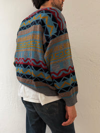 Vintage Oversized Wool Blend Pullover Multicolor Blue Yellow & Red Unisex – L