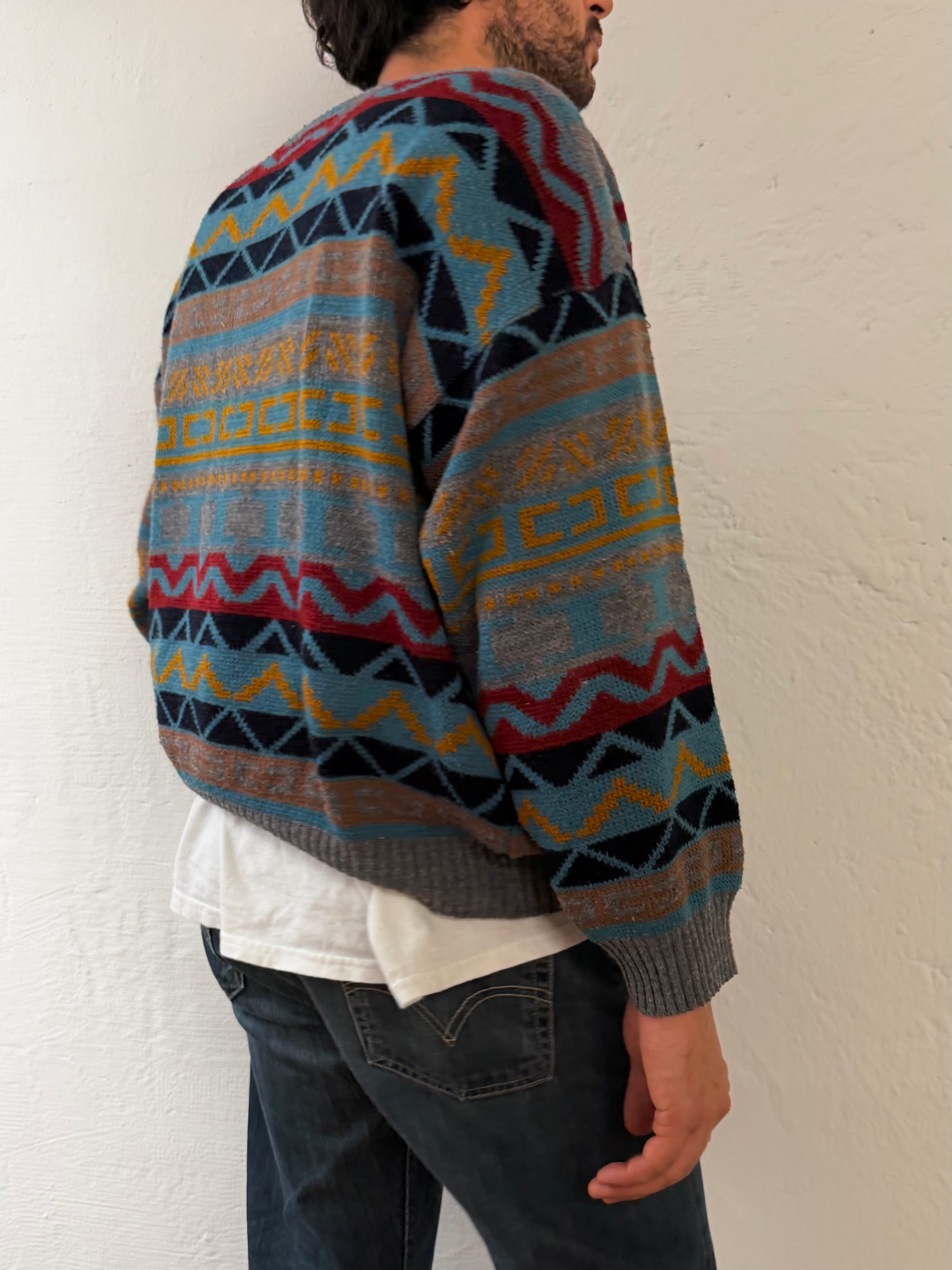 Vintage Oversized Wool Blend Pullover Multicolor Blue Yellow & Red Unisex – L