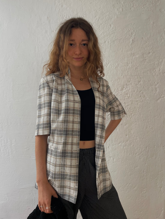Shirt Vintage Check Short Sleeve Layering Grey White Top Unisex  – M