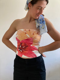 Top Vintage Floral Summer White Pink Elastic Slim Fit Women – S