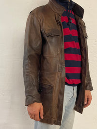 Vintage Long Leather Coat Brown Front Pockets – L/XL