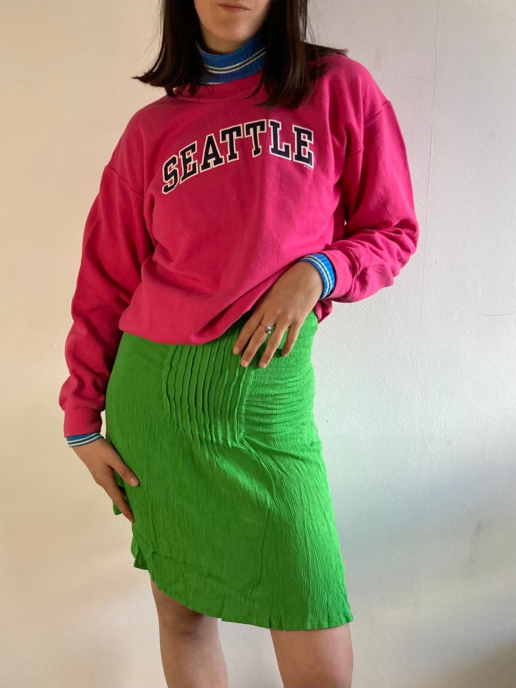 Vintage Skirt Grunge Green Patterned Elastic Waist Flared Hem – M