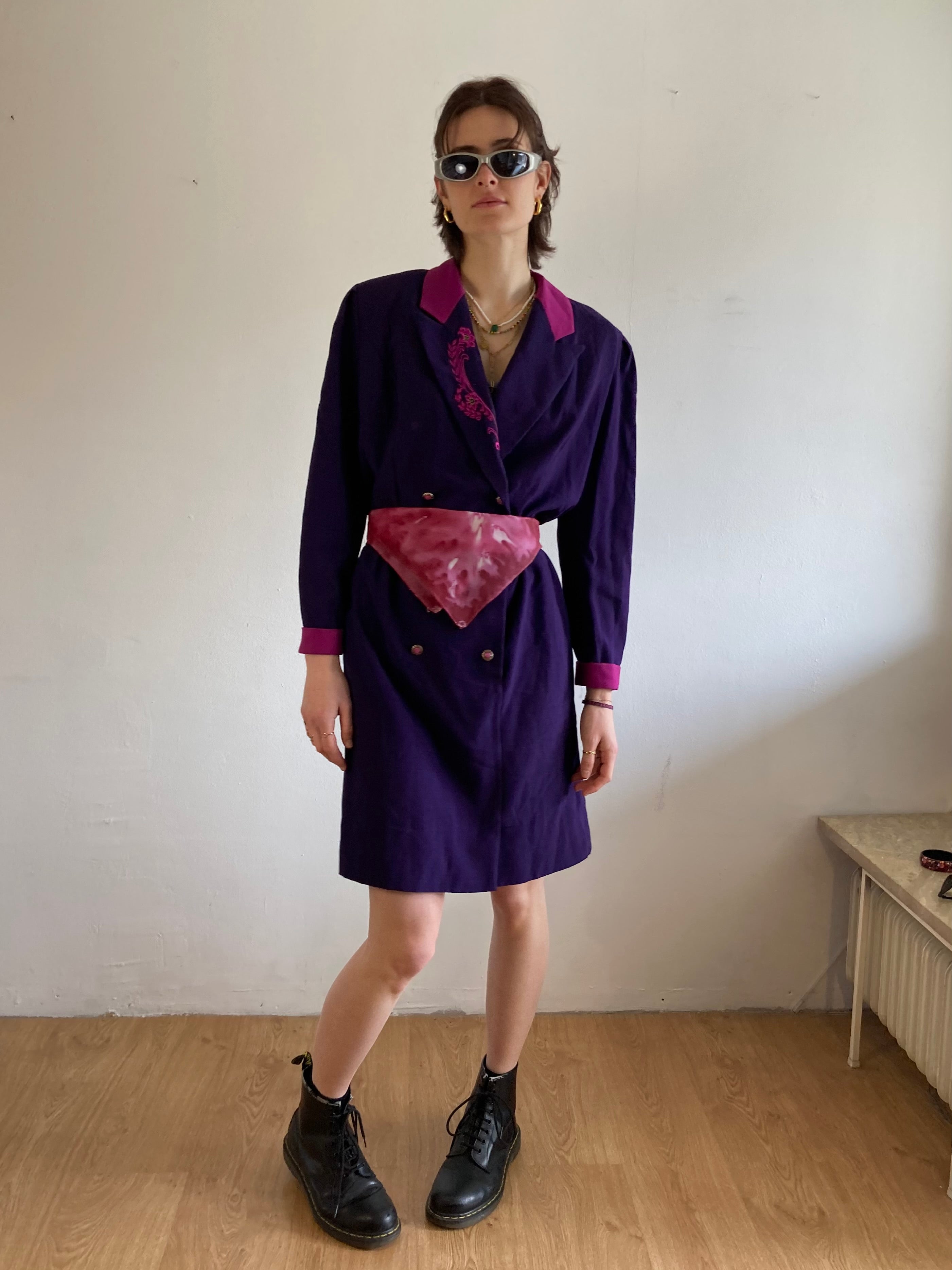 Coat Vintage Purple Floral Embroidered Collar Trench Women – M