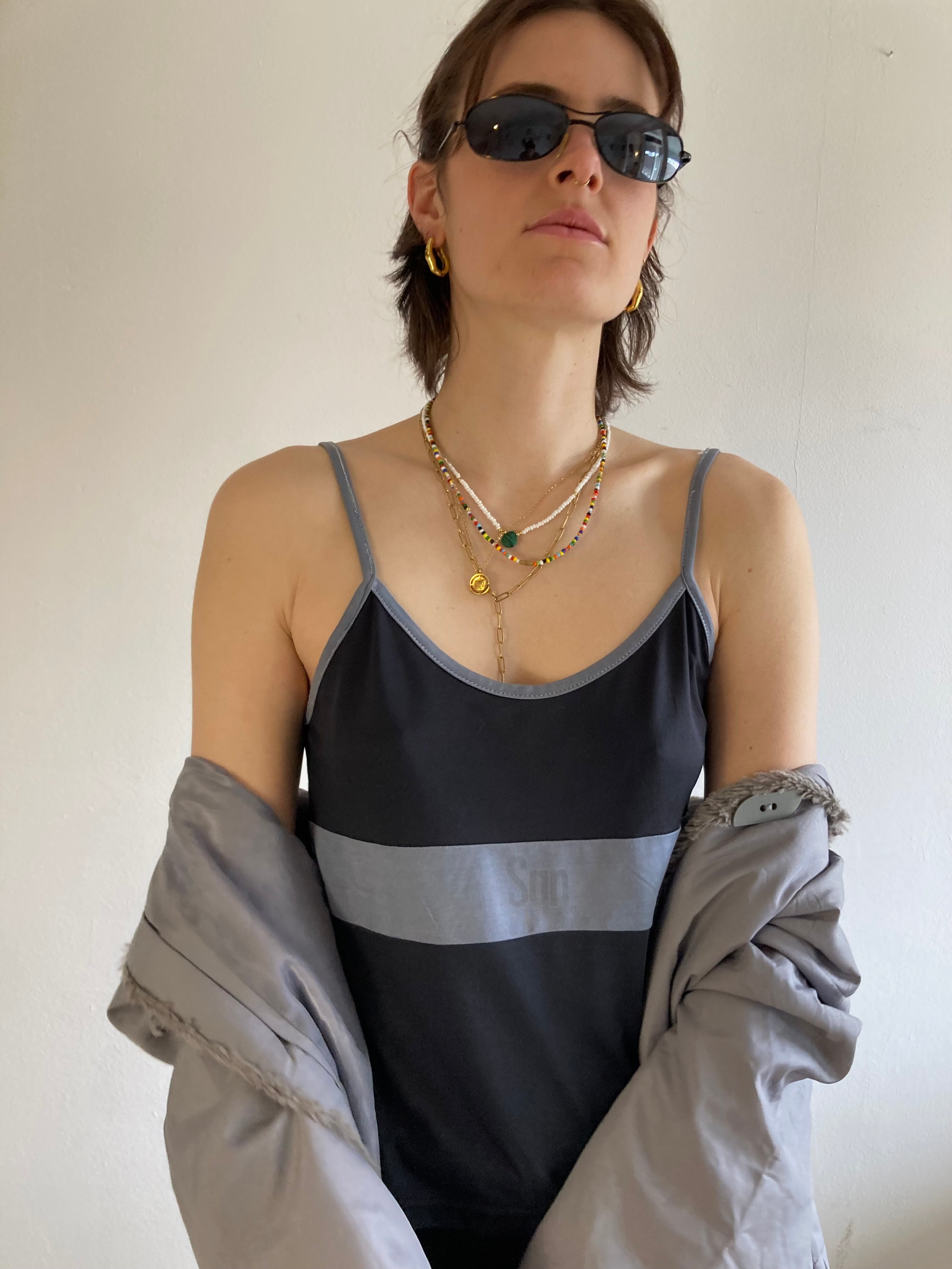 Spaghetti Top Vintage Black Grey Polyester Women – M