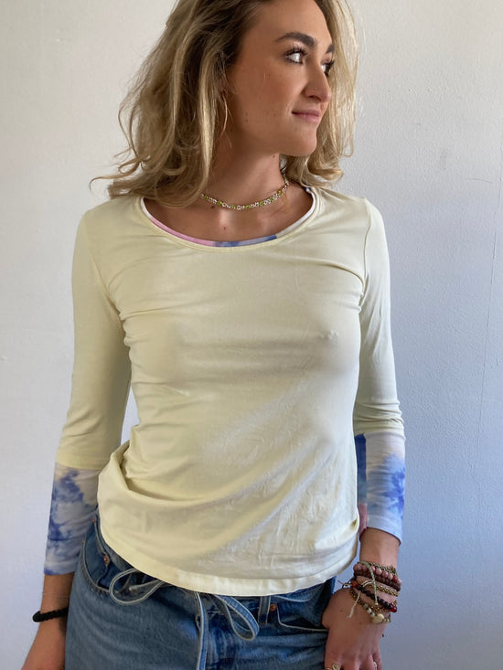 Longsleeve Vintage Creme Open Neck Lightweight Layering Women – S/M