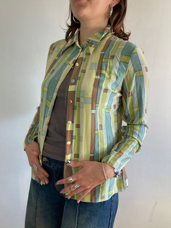 Blouse Vintage Y2K Green Brown Plaid Button Detail Longsleeve Slim Fit Women – M