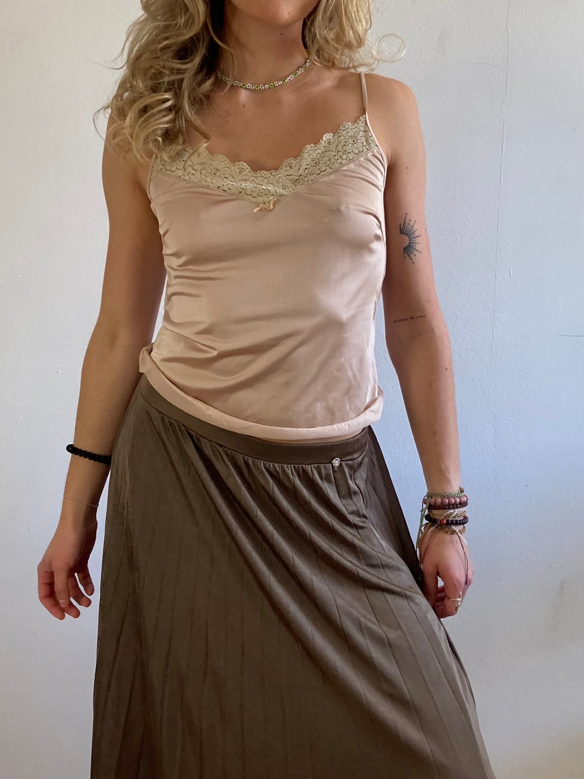 Skirt Vintage Long Layering Elastic Waist Silver Brown Ochre Mos Mosh Women – M