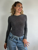 Vintage Glitter Bodysuit Silver Backless Long Sleeve Polyester – S