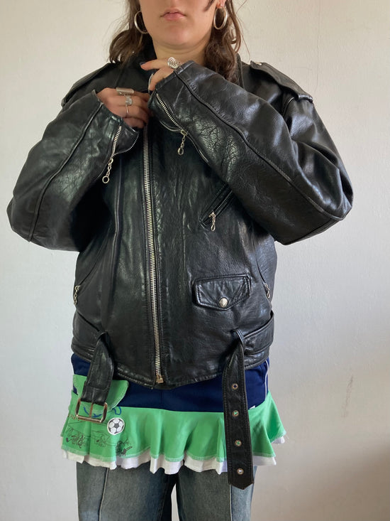 Leather Jacket Vintage Black Heavy Buckle Detail Oversized Women – M