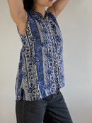 Vest Vintage Floral Button-Up Blue Layering Knit Sleeveless Women – M