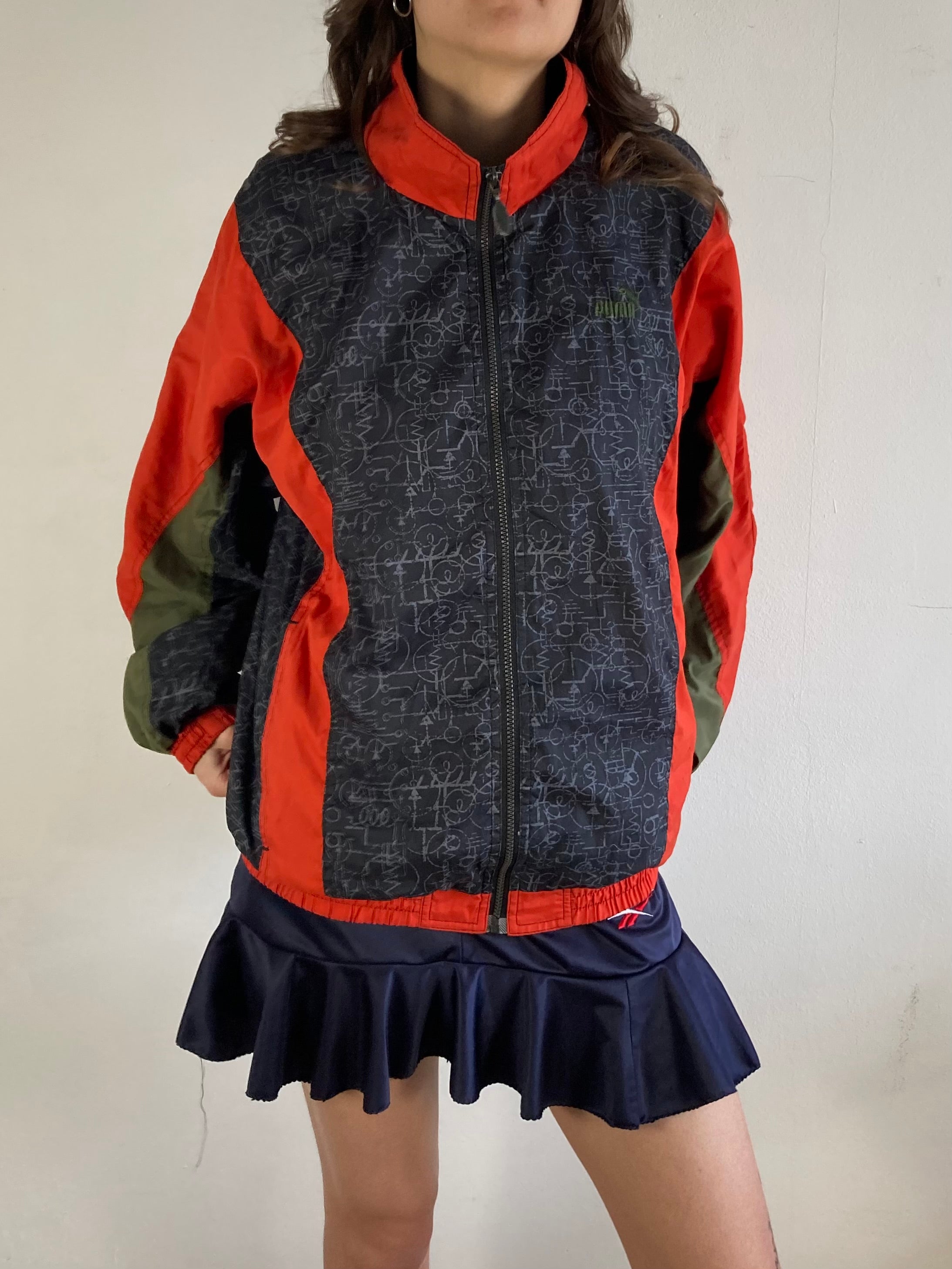Track Jacket Vintage Puma Front Print Sport Black Red Unisex Longsleeve Retro – L