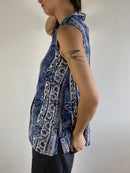 Vest Vintage Floral Button-Up Blue Layering Knit Sleeveless Women – M